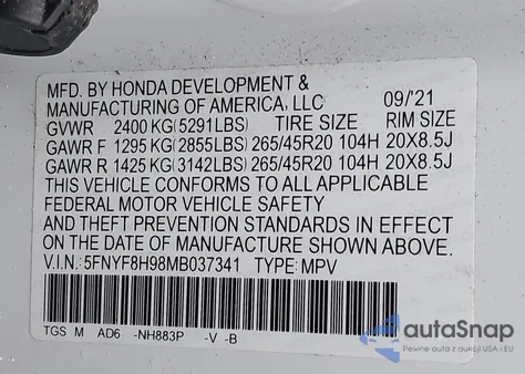 2021 Honda Passport Awd Touring from USA, damaged, VIN 5FNYF8H98MB037341
